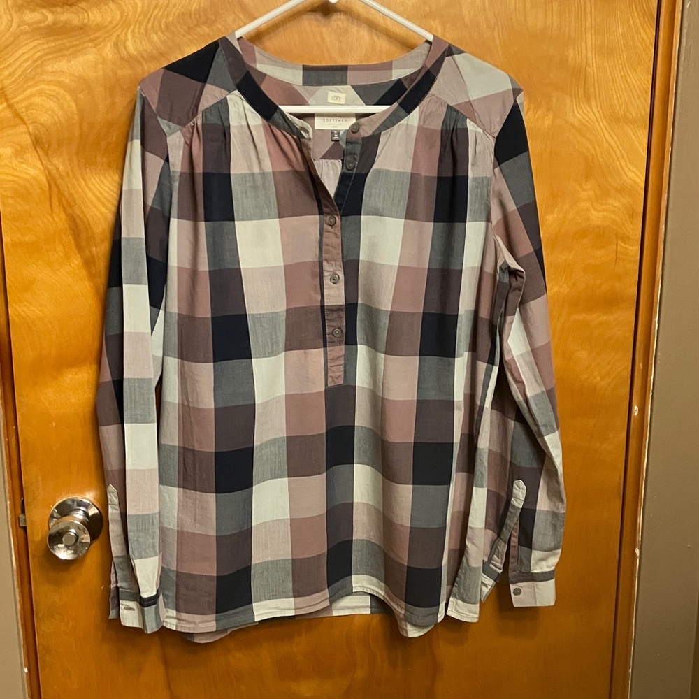 LOFT Plaid Button-Up Shirt - Dusty Rose, Navy & Gray. Size Medium EUC